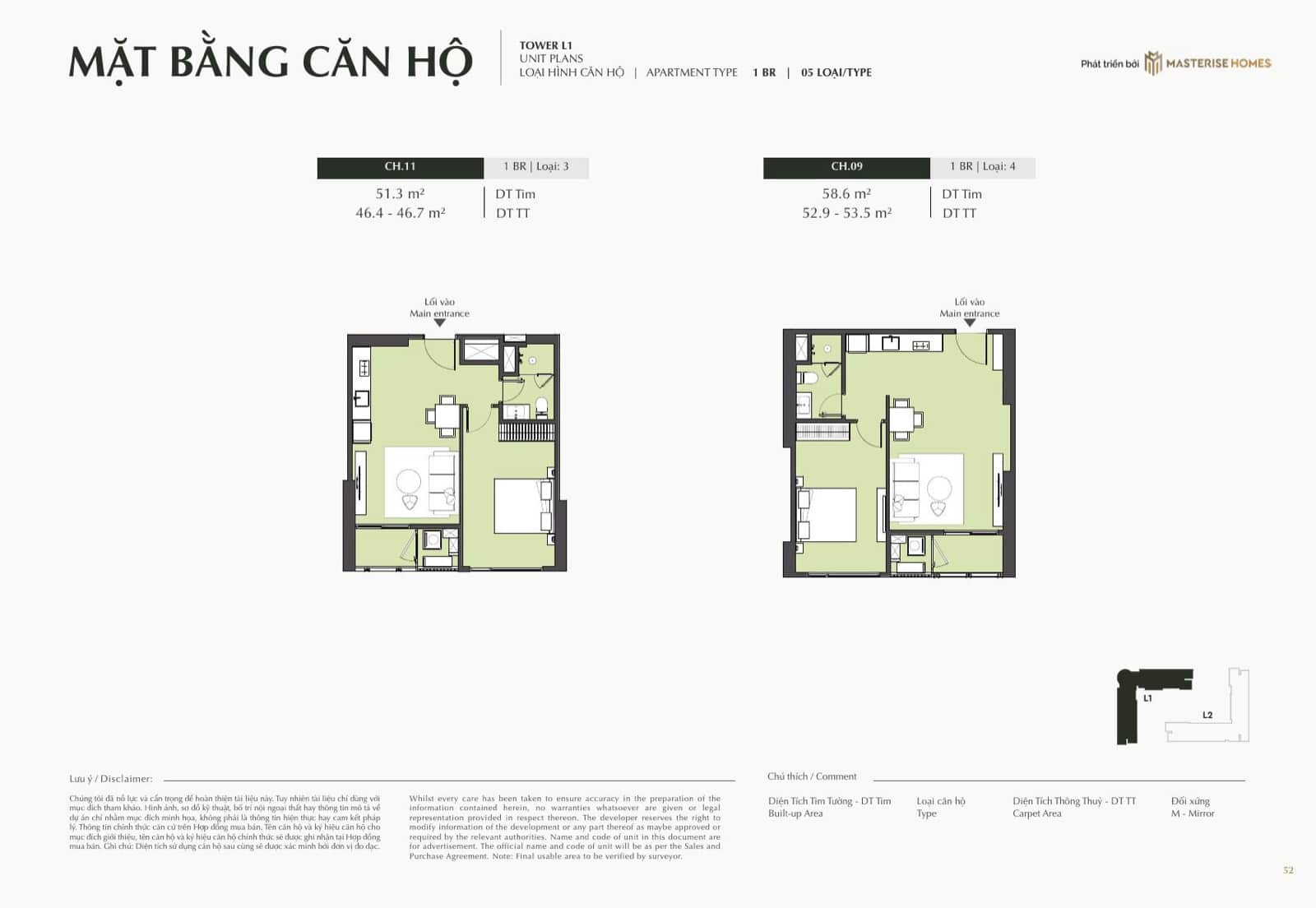 Mặt bằng điển hình căn 1PN Tòa L1 — LUMIÈRE Hanoi Seasons Garden
