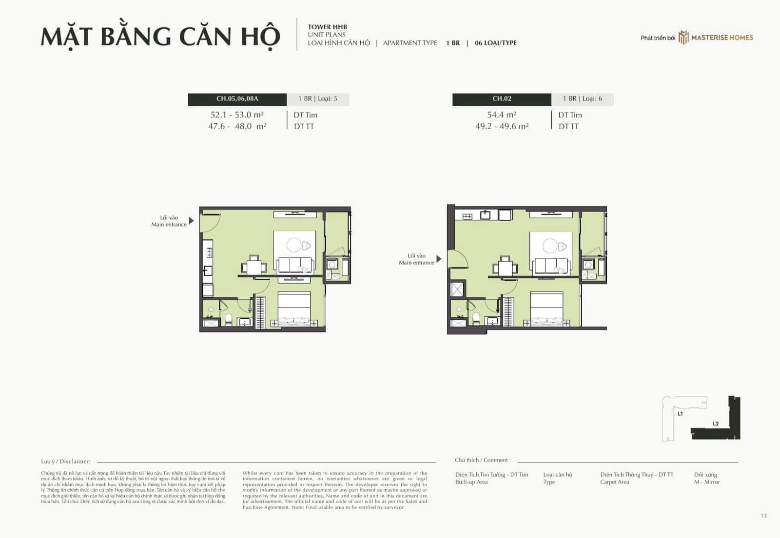 Mặt bằng điển hình căn 1PN Tòa L2 — LUMIÈRE Hanoi Seasons Garden